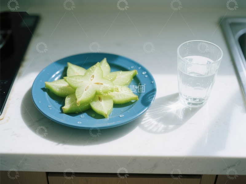高清大图下载【趣麦麦图】切片水果与清水置于厨房台面
