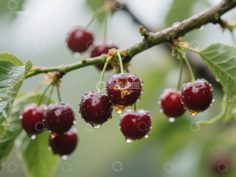 高清大图下载【趣麦麦图】枝头鲜红樱桃，水珠点缀