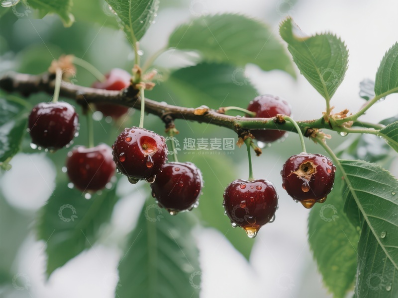 高清大图下载【趣麦麦图】雨后枝头的鲜红樱桃