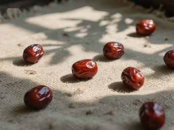 阳光下的红枣散落布面