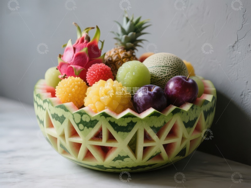 高清大图下载【趣麦麦图】创意西瓜雕花果盘盛满多彩水果