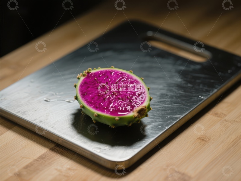 高清大图下载【趣麦麦图】切开的火龙果置于金属砧板上