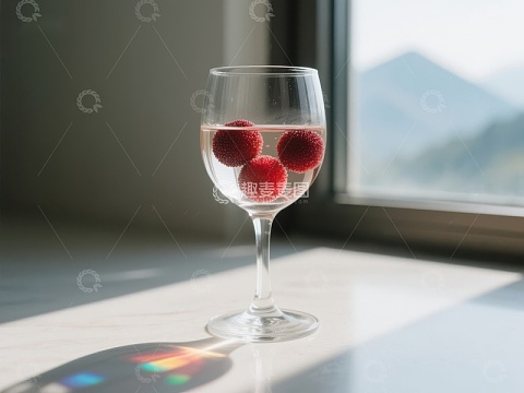 阳光下的酒杯与覆盆子