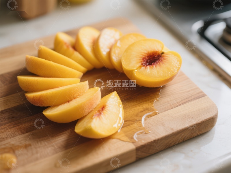 高清大图下载【趣麦麦图】新鲜黄桃切片置于木质砧板上