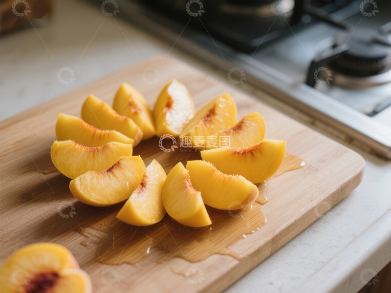 高清大图下载【趣麦麦图】切片桃子置于木质砧板上