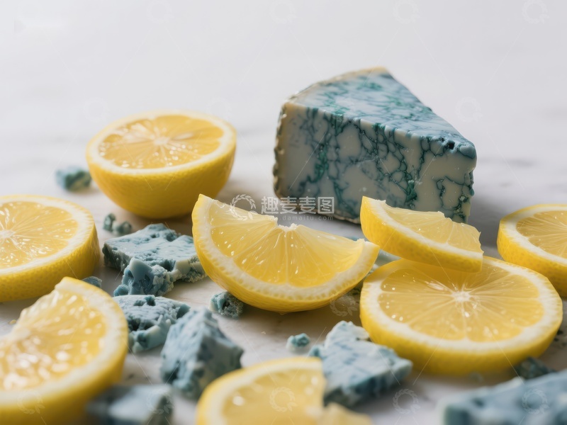 高清大图下载【趣麦麦图】蓝纹奶酪与柠檬片的静物组合
