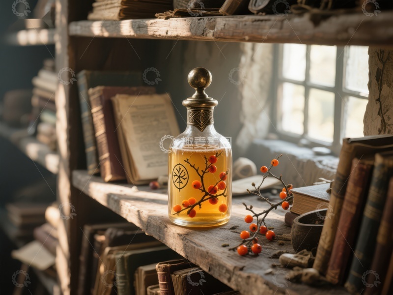 高清大图下载【趣麦麦图】古书架上的玻璃瓶与浆果