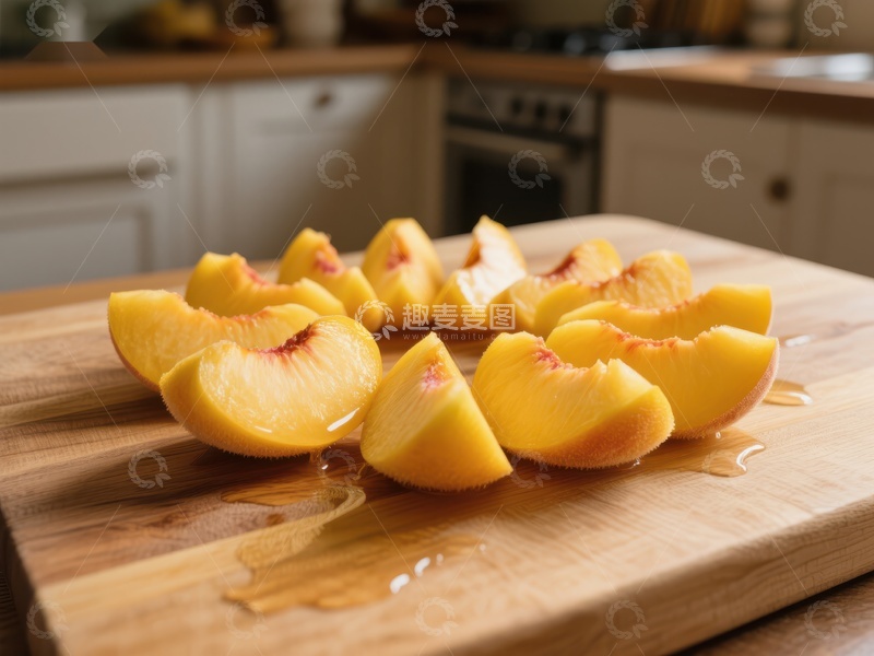 高清大图下载【趣麦麦图】新鲜切片桃子置于木质砧板上