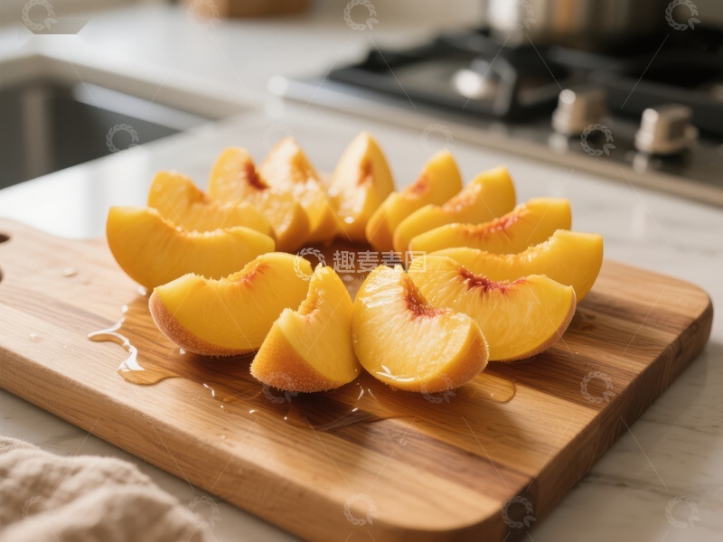 高清大图下载【趣麦麦图】新鲜切片的桃子放在木质砧板上