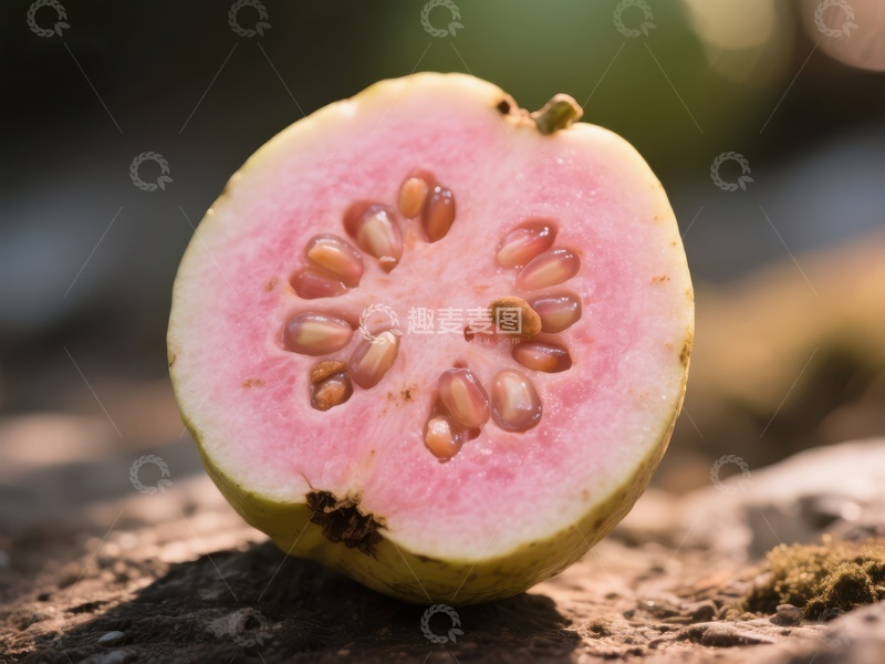 高清大图下载【趣麦麦图】切开的番石榴，展示粉红色果肉和种子