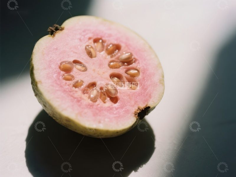 高清大图下载【趣麦麦图】切开的番石榴，展示粉红色果肉和种子