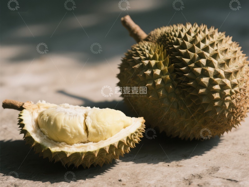 高清大图下载【趣麦麦图】新鲜榴莲，一半剥开露出果肉