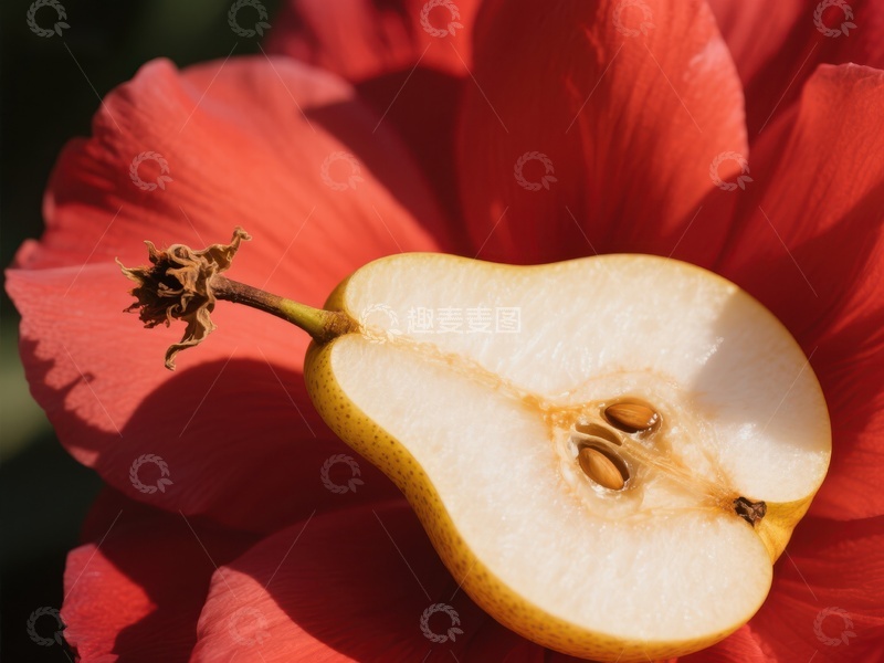 高清大图下载【趣麦麦图】切开的梨与红色花瓣
