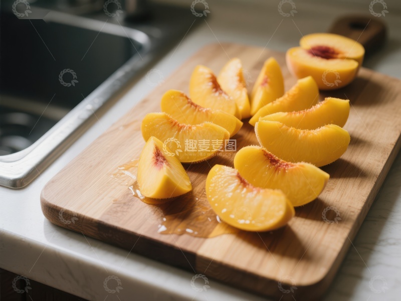 高清大图下载【趣麦麦图】-切片桃子置于木质砧板上