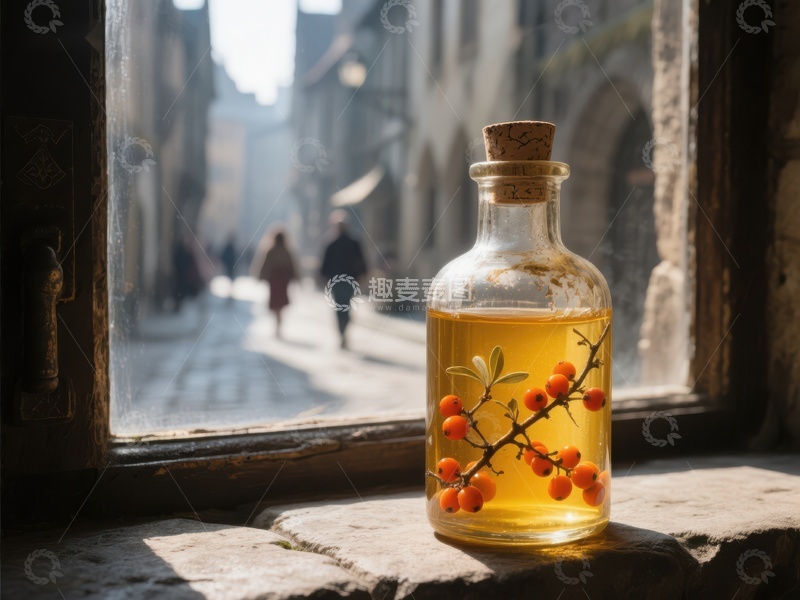 高清大图下载【趣麦麦图】窗台上的果酒与古街景