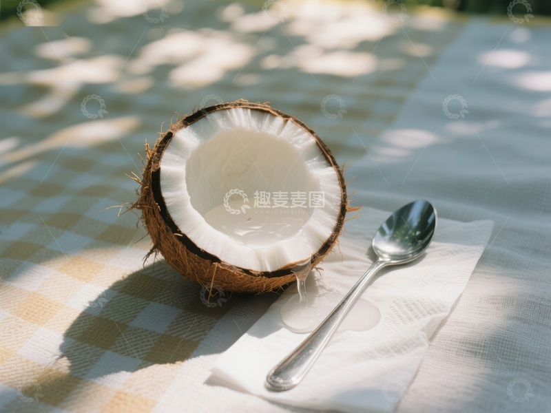 高清大图下载【趣麦麦图】阳光下的椰子与勺子