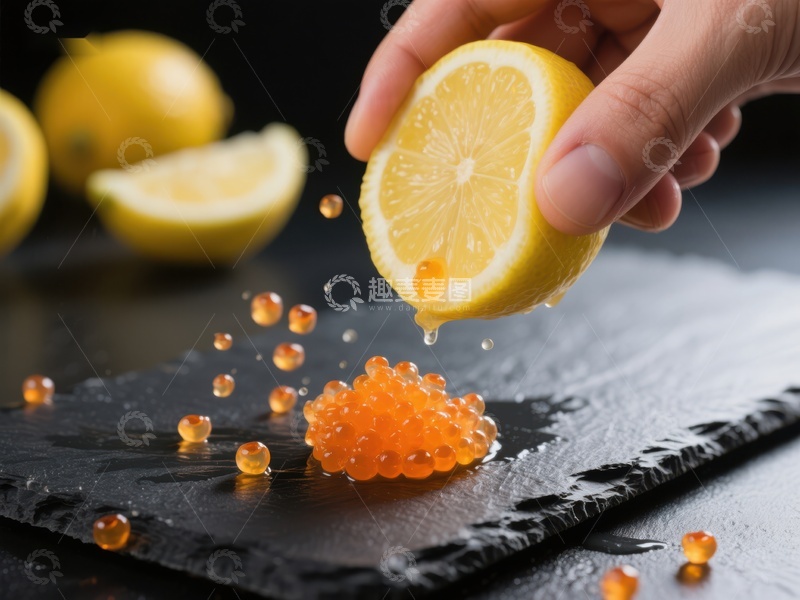 高清大图下载【趣麦麦图】柠檬挤汁，鱼子酱四溅