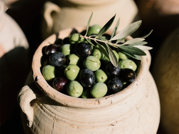陶罐中的橄榄与绿叶