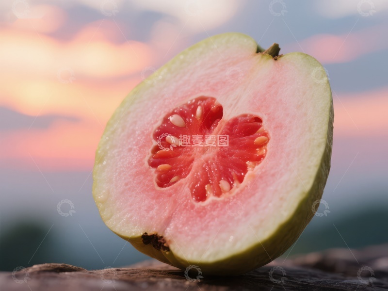 高清大图下载【趣麦麦图】切开的番石榴，夕阳背景