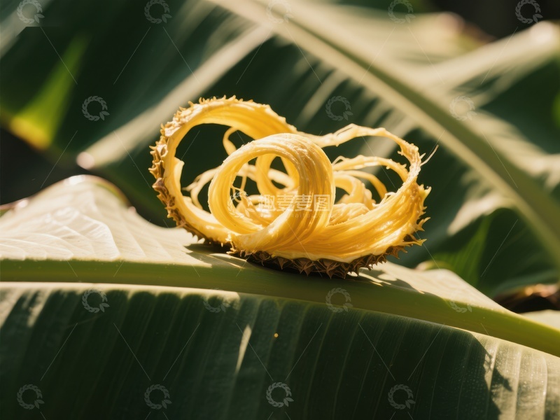 高清大图下载【趣麦麦图】香蕉皮螺旋卷曲在绿叶上
