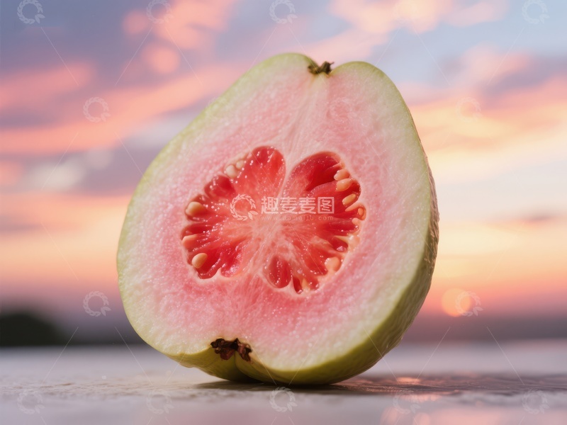 高清大图下载【趣麦麦图】切开的番石榴，夕阳背景