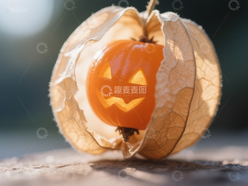 高清大图下载【趣麦麦图】南瓜灯藏于果荚中，创意万圣节装饰