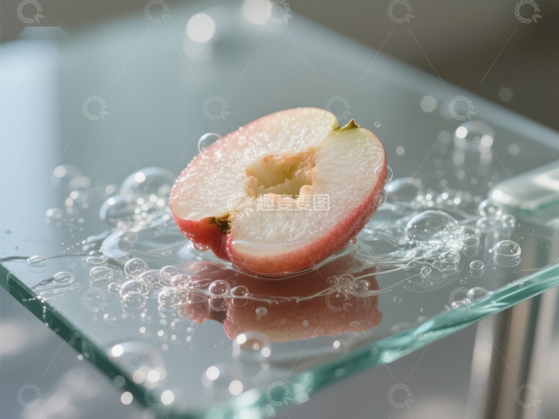 高清大图下载【趣麦麦图】切开的苹果置于水泡中的玻璃板上