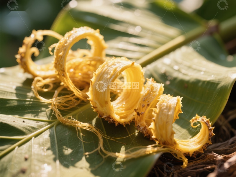 高清大图下载【趣麦麦图】香蕉皮螺旋卷曲在绿叶上