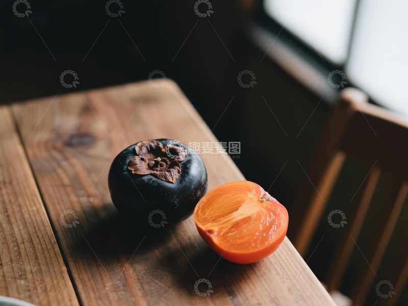 高清大图下载【趣麦麦图】木桌上的一整与半切柿子