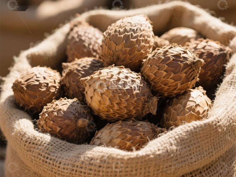 高清大图下载【趣麦麦图】麻袋中的松果特写