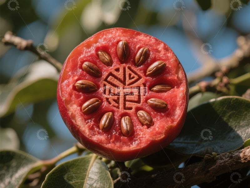 高清大图下载【趣麦麦图】切开的红色果实，种子排列成图案