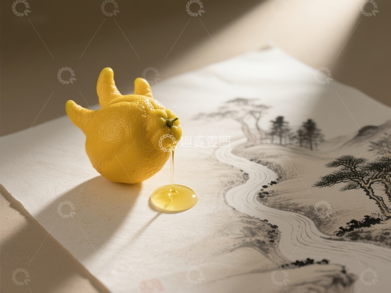高清大图下载【趣麦麦图】柠檬滴汁，水墨画旁
