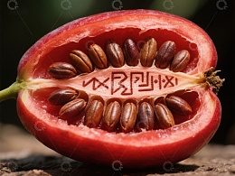 切开的红色果实，内部种子清晰可见