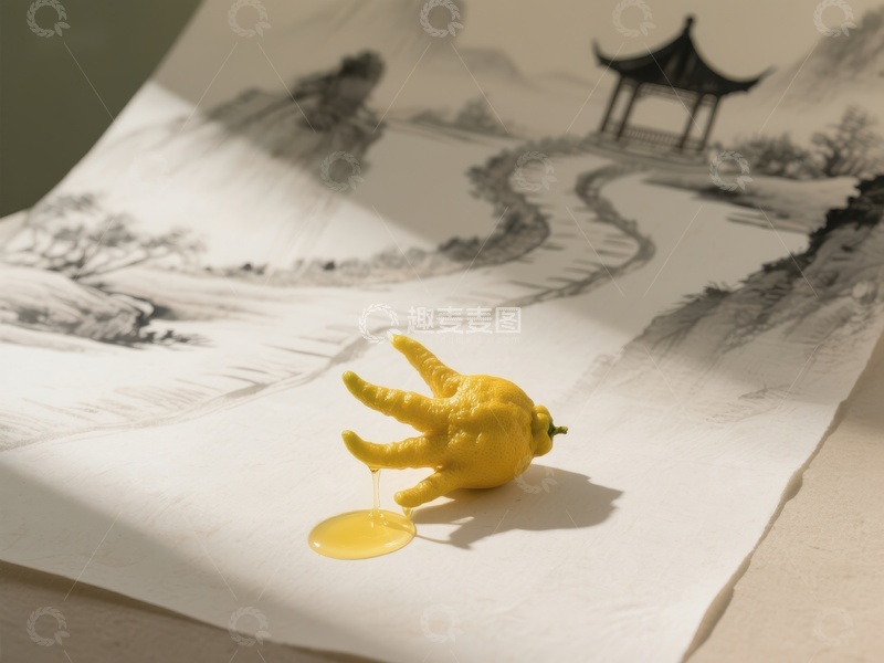 高清大图下载【趣麦麦图】柠檬鸡爪置于水墨山水画上