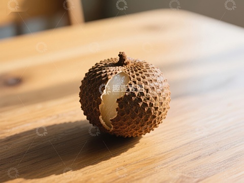 新鲜荔枝半剥皮置于木质桌面