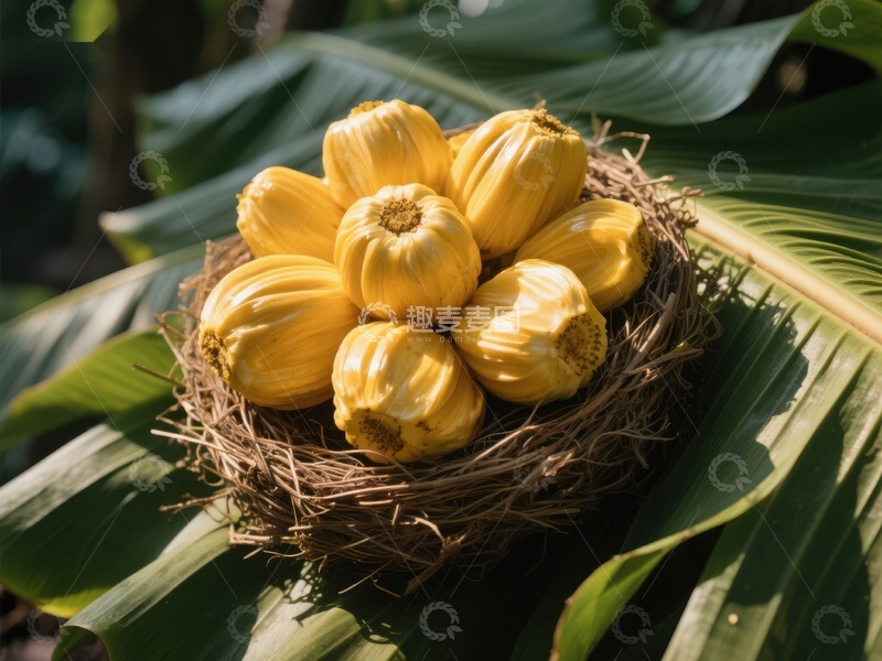 高清大图下载【趣麦麦图】金黄色果实置于绿叶间的鸟巢中
