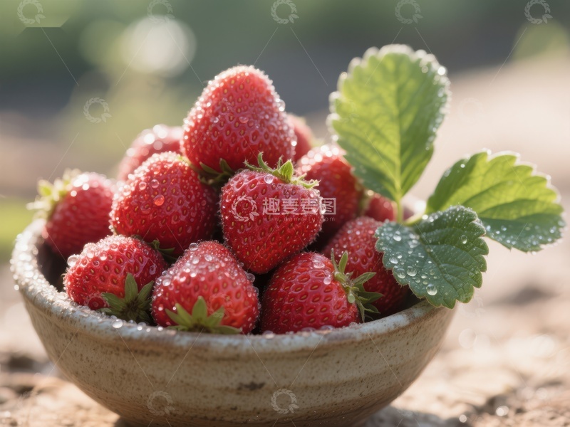 高清大图下载【趣麦麦图】新鲜草莓盛于陶碗中