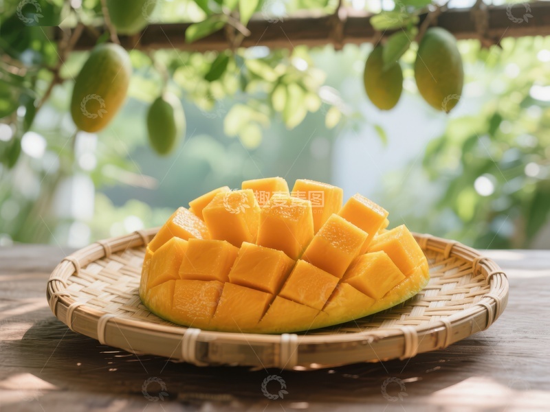高清大图下载【趣麦麦图】新鲜芒果切块，置于竹篮中