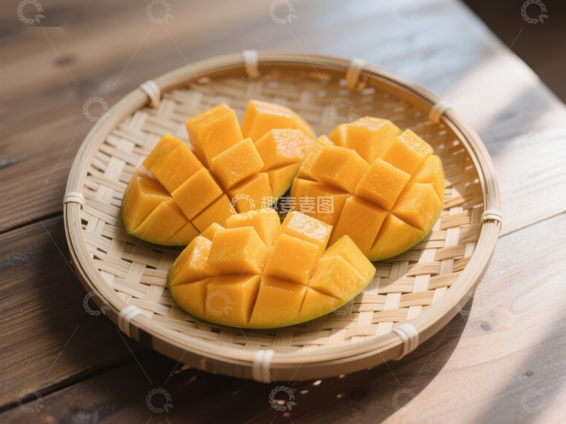 高清大图下载【趣麦麦图】新鲜芒果切块置于竹篮中