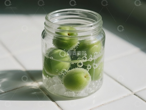 青梅泡在玻璃罐中