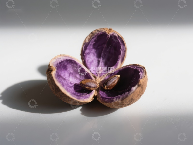 高清大图下载【趣麦麦图】紫色坚果壳裂开，露出内部种子