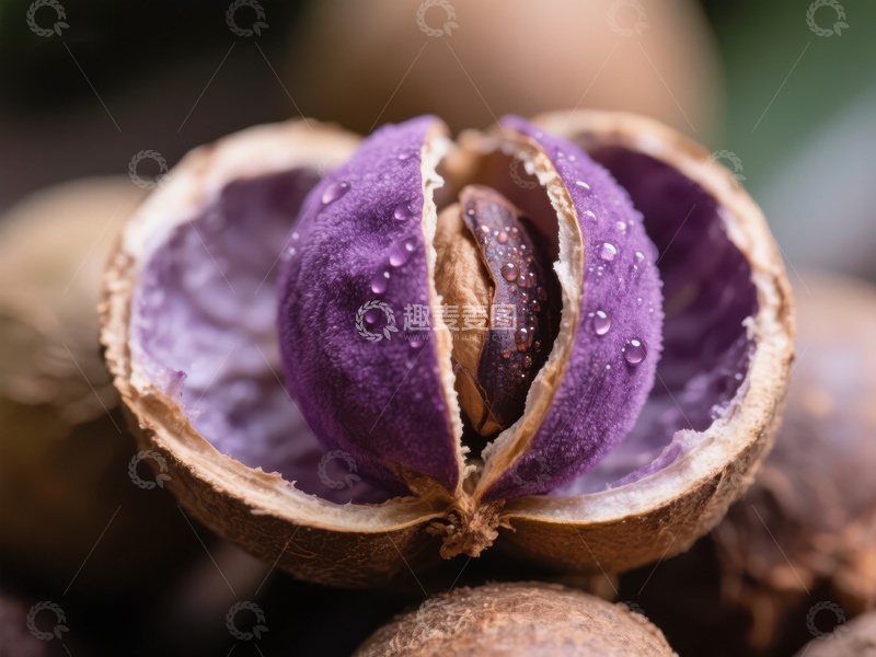 高清大图下载【趣麦麦图】紫壳坚果特写，水珠点缀