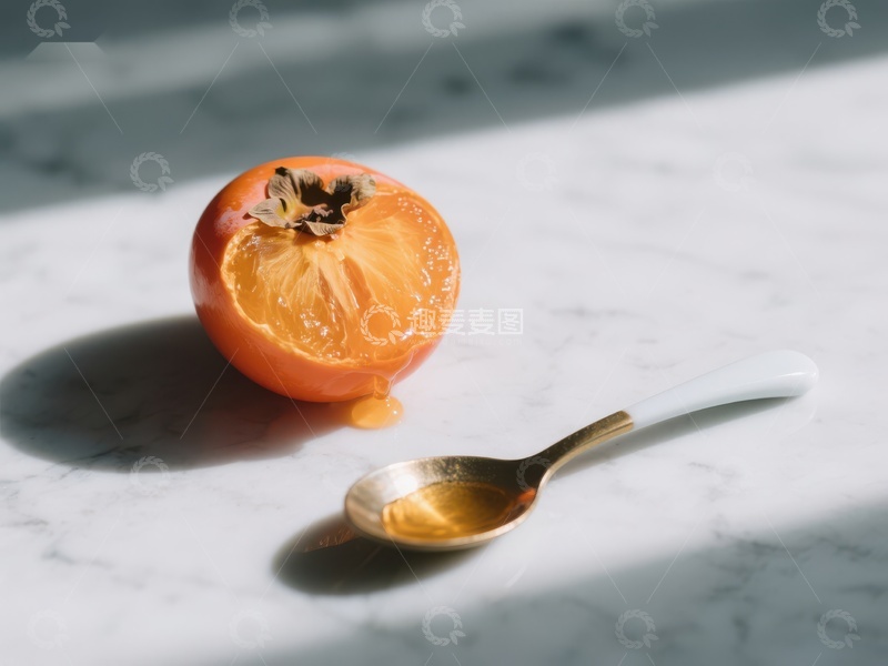 高清大图下载【趣麦麦图】切开的柿子与金属勺置于大理石台面