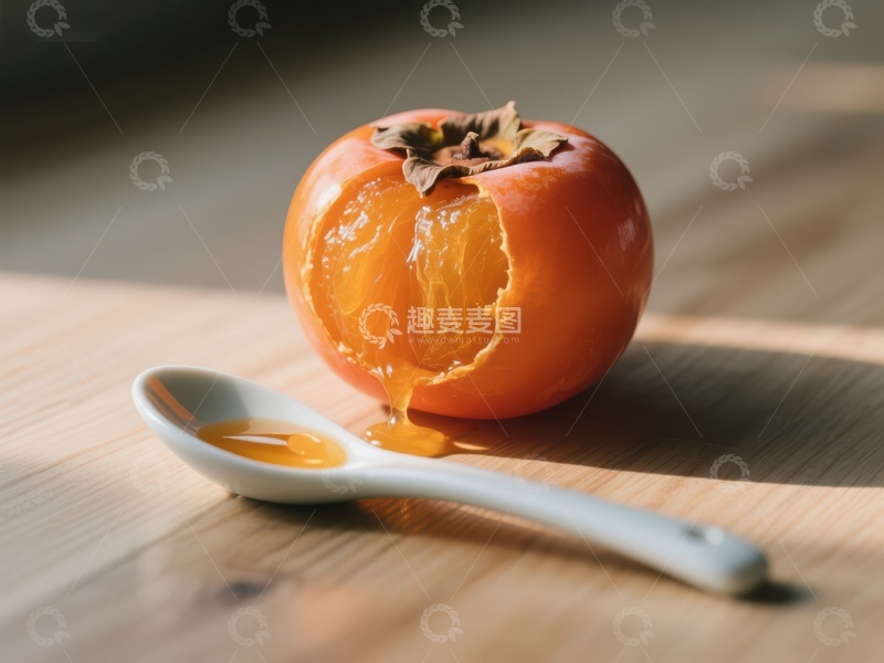 高清大图下载【趣麦麦图】新鲜柿子与勺子的甜蜜组合