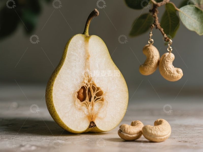 高清大图下载【趣麦麦图】切开的梨与悬挂的腰果