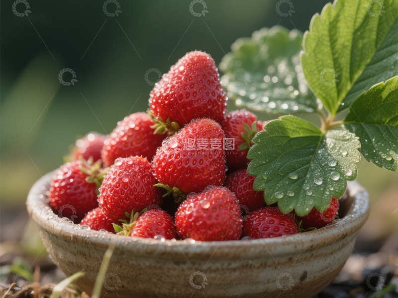 高清大图下载【趣麦麦图】新鲜草莓盛于陶碗中