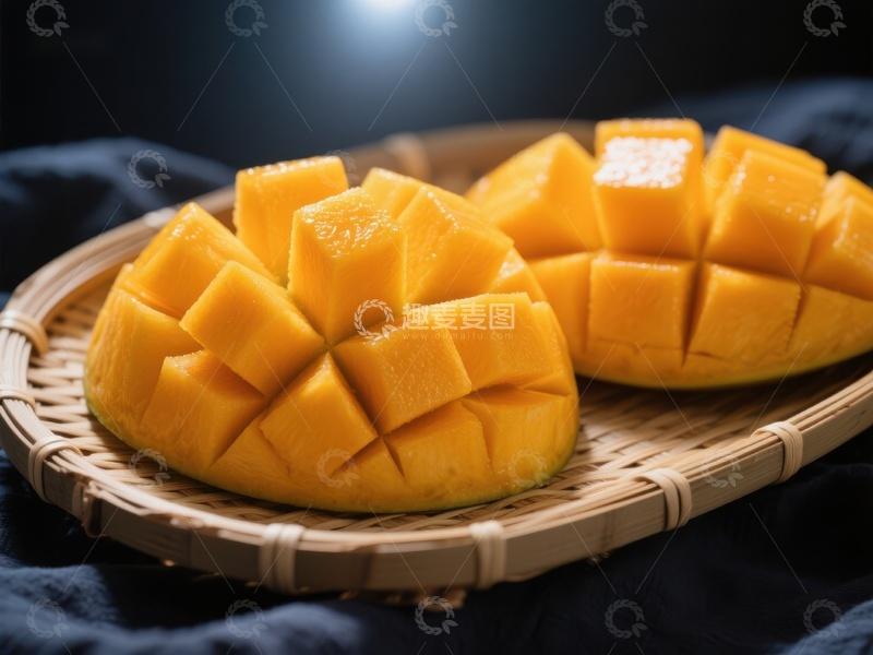 高清大图下载【趣麦麦图】新鲜芒果切块，置于竹篮中