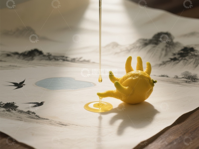 高清大图下载【趣麦麦图】柠檬汁滴落水墨画上