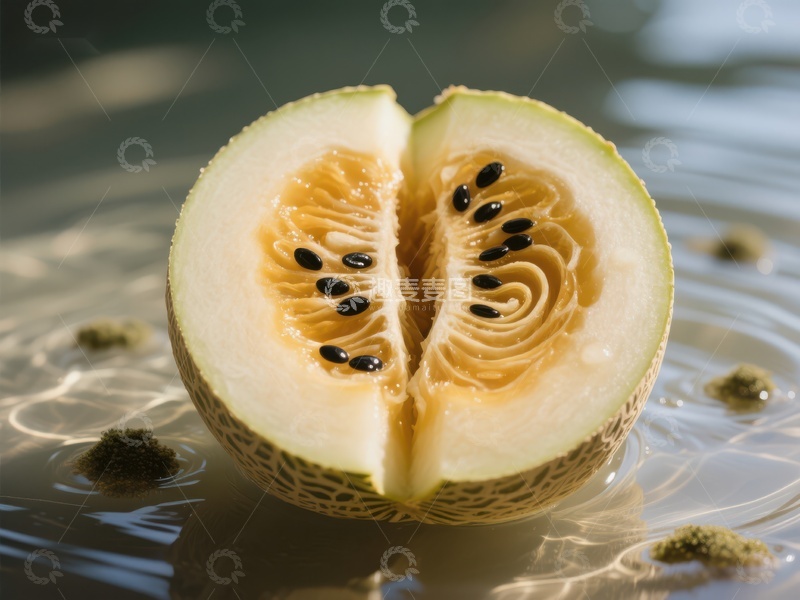 高清大图下载【趣麦麦图】切开的甜瓜，展示内部纹理和种子