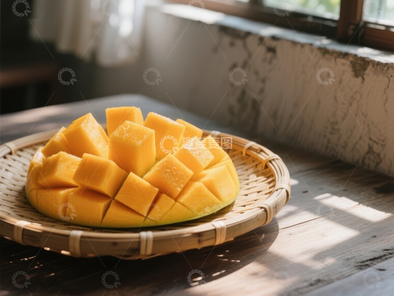 高清大图下载【趣麦麦图】新鲜芒果切块置于竹篮中